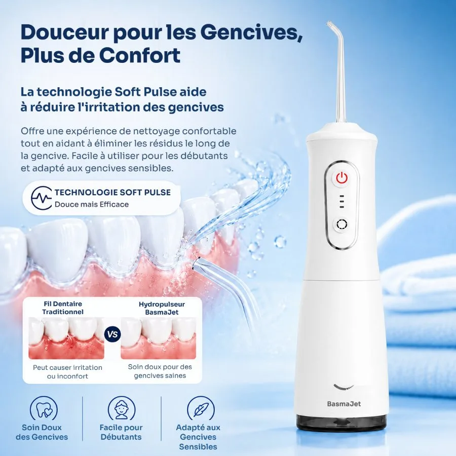 Jet pulsé doux le long de la gencive
